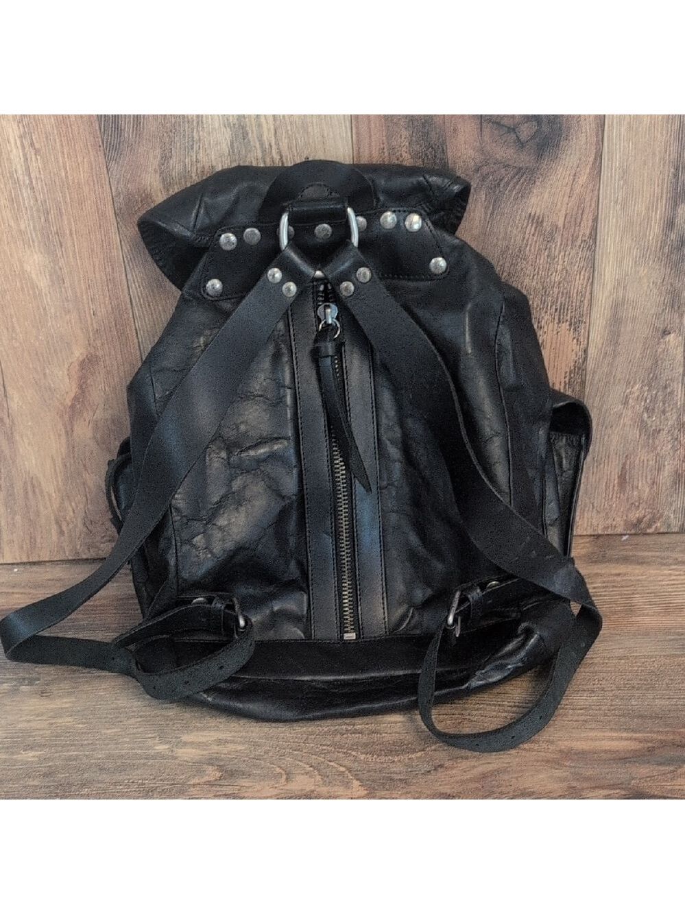 Frye Black Leather Buckled Zipper Back Vintage Rare Unisex Backpack -C192 - Picture 2 of 11